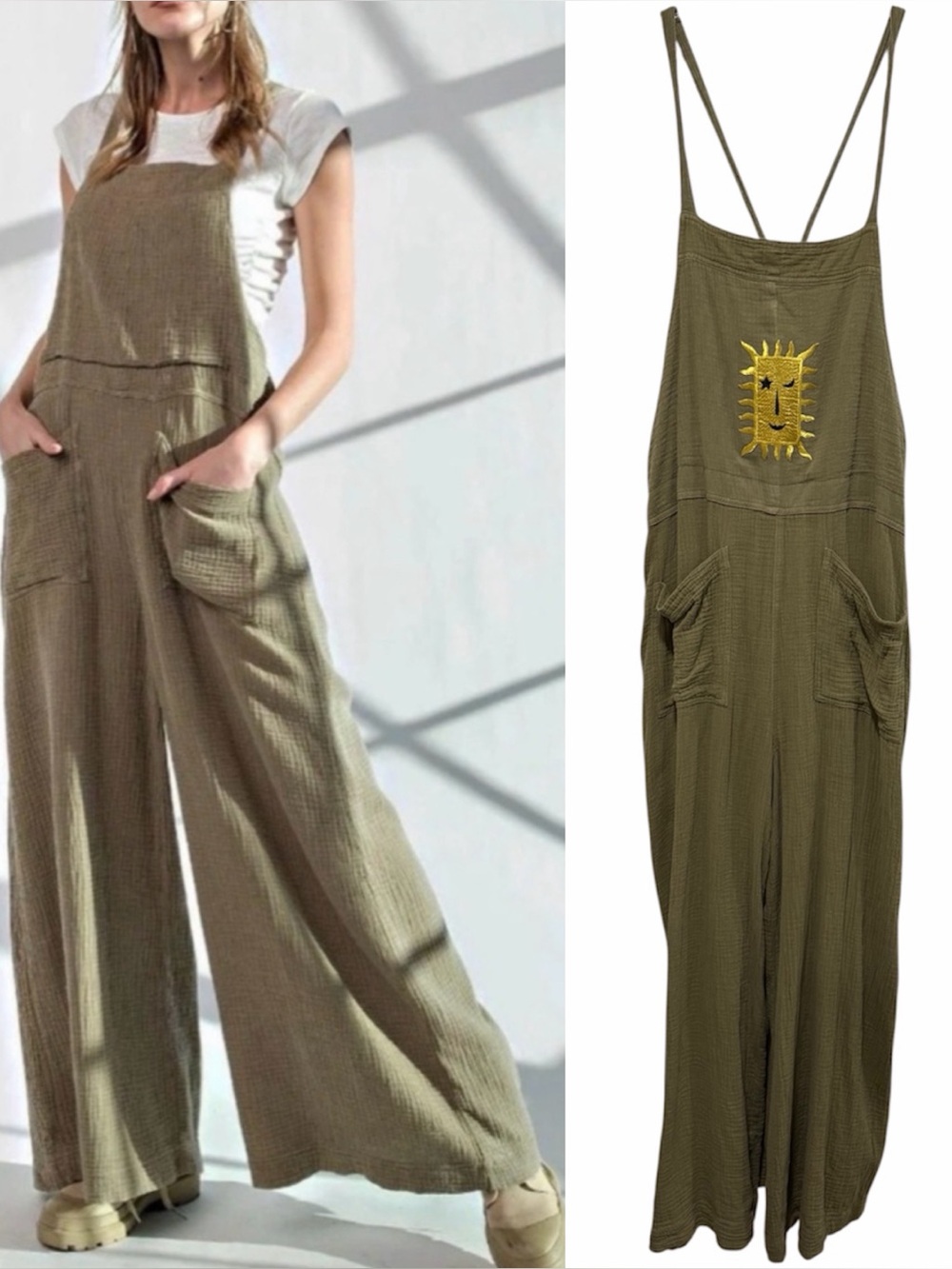 Easel Custom Patched Here I Am Cotton Gauze Wide Leg Boho Overall Faded Olive